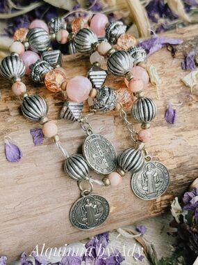 Fall + Peach Pink gemstones and silver bracelet stack trio set